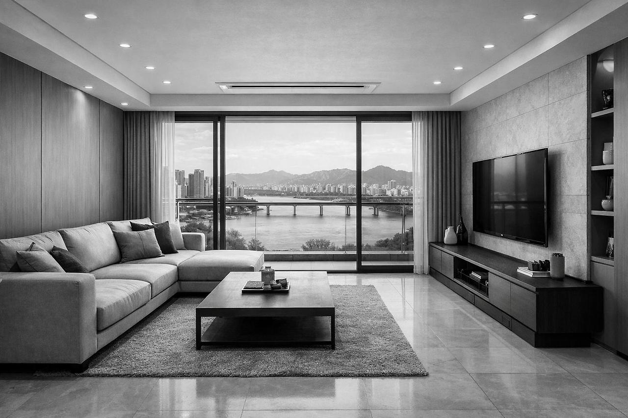 한강이 보이는 아파트 거실과 무빙큐빅스 32인치.jpg