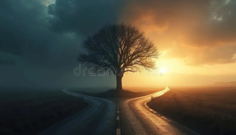 [위버멘쉬 004] 중간 (원문 001) fork-road-dark-path-splits-light-under-bare-tree-foggy-mist-sunrise-sunset-symbolic-choice-decision-making-concept-402508772.jpg