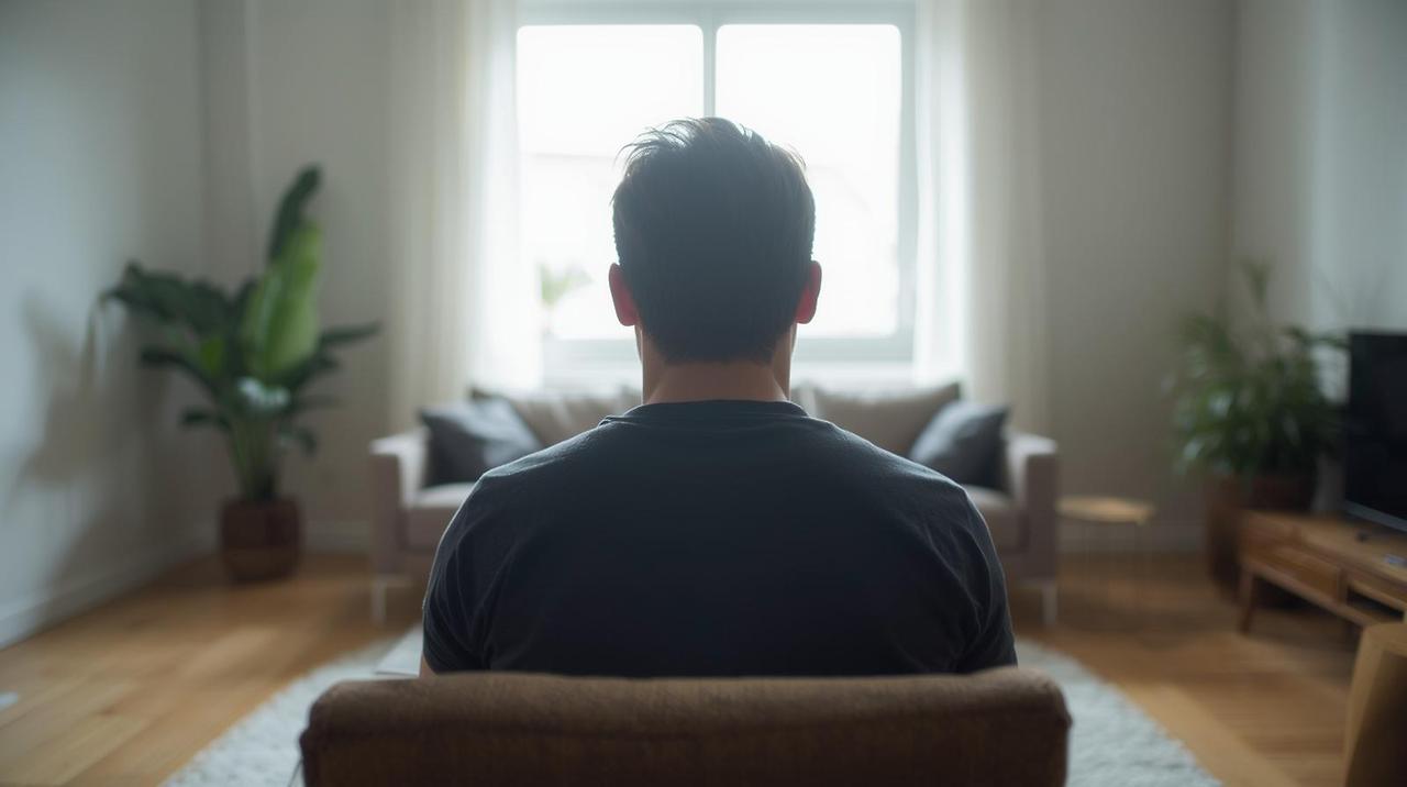텅 빈 거실에 혼자 앉아 있는 남자의 뒷모습.jpg