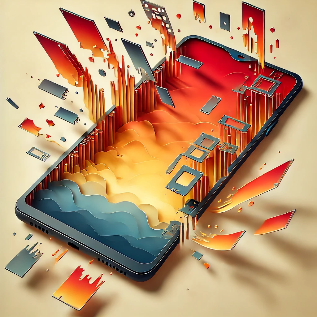 DALL·E 2024-10-05 12.49.12 - A majestic smartphone silhouette in a paper-cutout style, layered with gradients of red, orange, and yellow. The smartphone is shown disassembling, wi.png