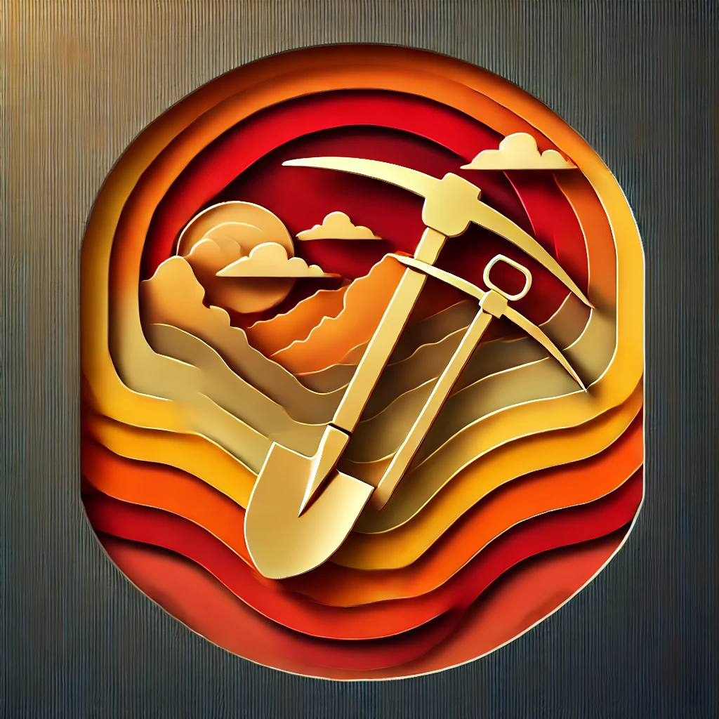 DALL·E 2024-10-05 19.36.32 - A majestic silhouette of a shovel and pickaxe in a paper-cutout style, representing the Gold Rush era, layered with gradients of red, orange, and yell.png