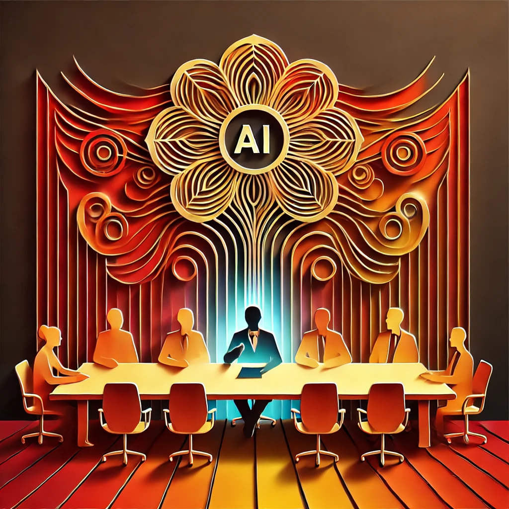 DALL·E 2024-10-09 01.41.07 - A majestic silhouette of a boardroom meeting in a paper-cutout style, symbolizing the future of AI-driven mental health counseling. The central figure.png