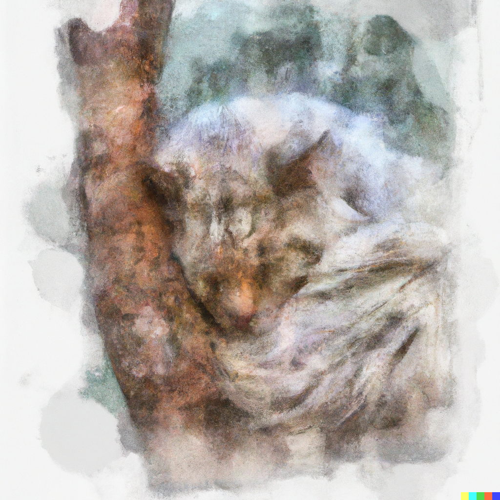 DALL·E 2022-07-28 02.29.24 - Abstract pencil and watercolor art of Norwegian forest cat sleeping on a Tree.png