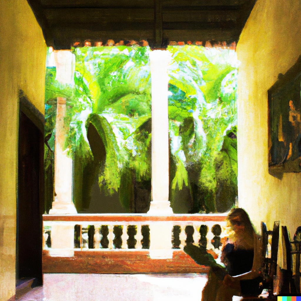 DALL·E 2022-07-28 02.08.40 - Scenes of digital nomads working in a gorgeous building in rural landscapes, oil paintings.png