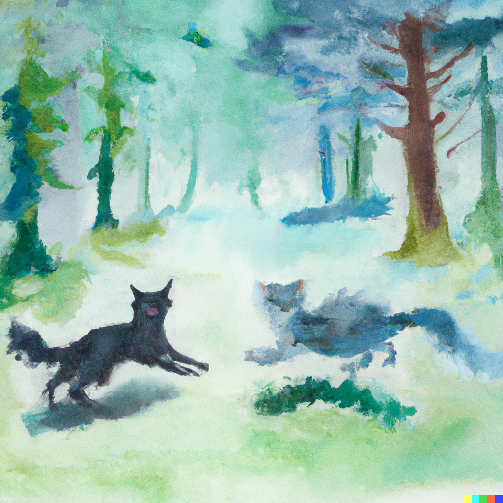 DALL·E 2022-07-28 01.57.47 - Norwegian Forest Cat and Russian Blue Cat Running in the Forest Watercolor.png