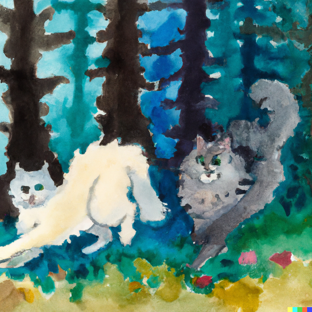 DALL·E 2022-07-28 01.57.58 - Norwegian Forest Cat and Russian Blue Cat Running in the Forest Watercolor.png