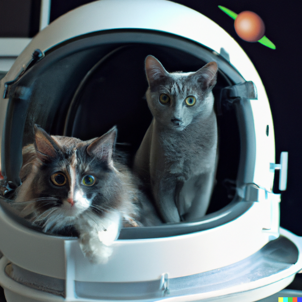 DALL·E 2022-07-28 01.35.10 - high quality photo of a Norwegian forest cat and Russian Blue cat astronaut in spaceship.png