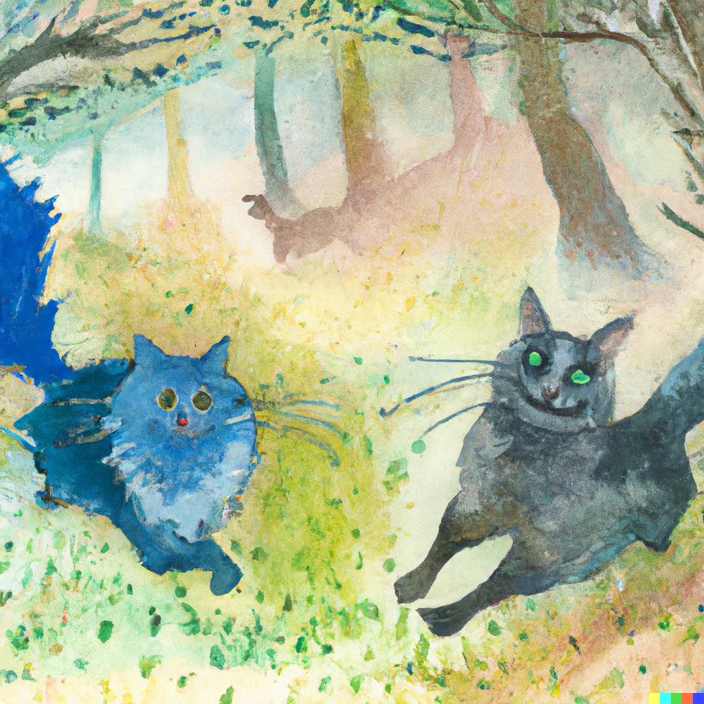 DALL·E 2022-07-28 01.57.26 - Norwegian Forest Cat and Russian Blue Cat Running in the Forest Watercolor.png