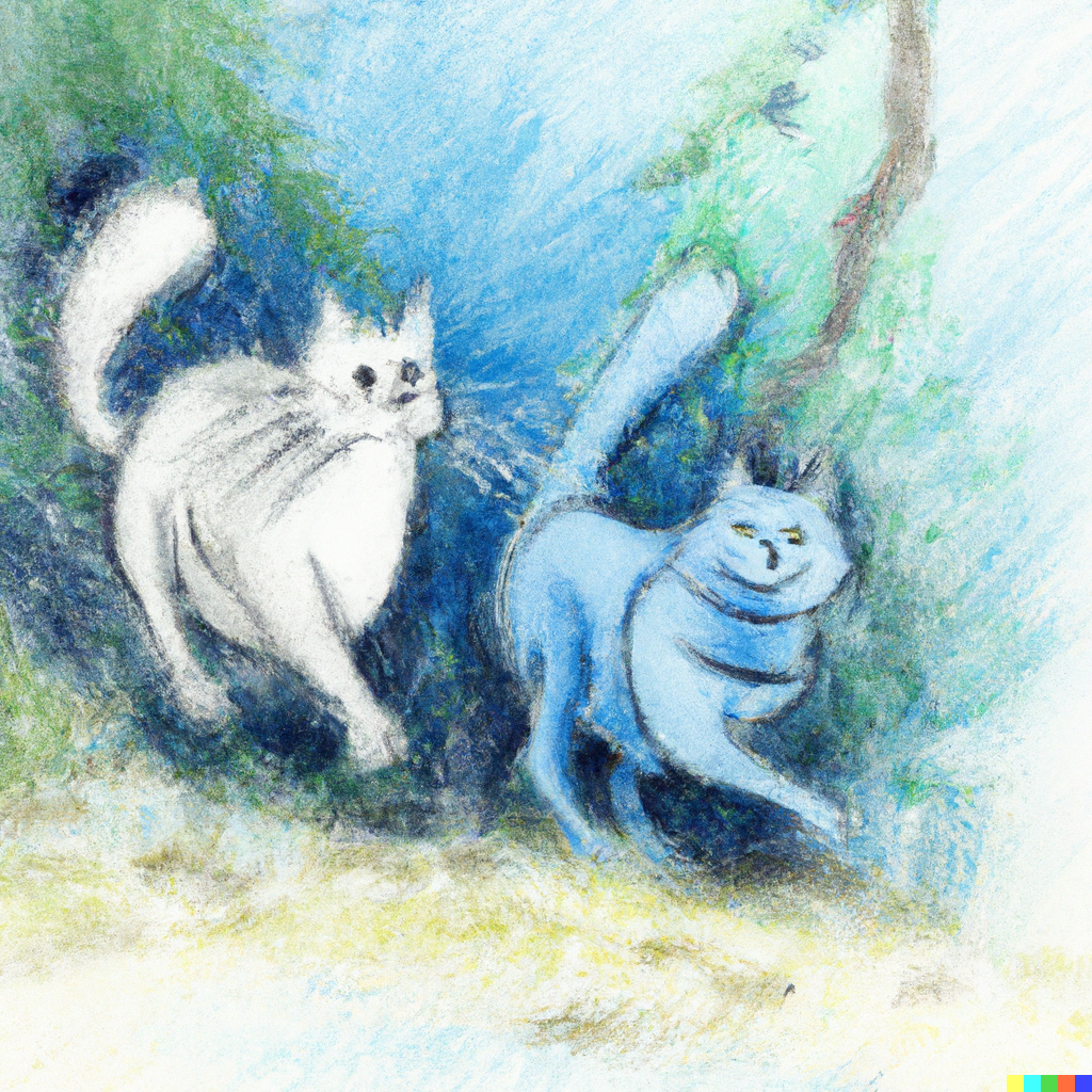 DALL·E 2022-07-28 02.00.55 - Norwegian Forest Cat and Russian Blue Cat Running in the Forest, high quality of abstract pencil and Watercolor art.png