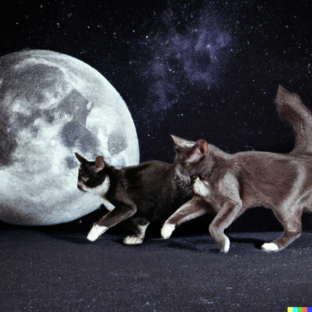 DALL·E 2022-07-28 01.46.41 - high quality photo of a Norwegian forest cat and Russian Blue cat running Together on moon.png