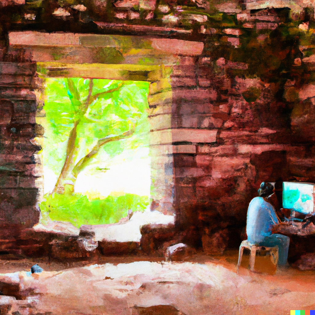 DALL·E 2022-07-28 02.08.21 - Scenes of digital nomads working in a gorgeous building in rural landscapes, oil paintings.png