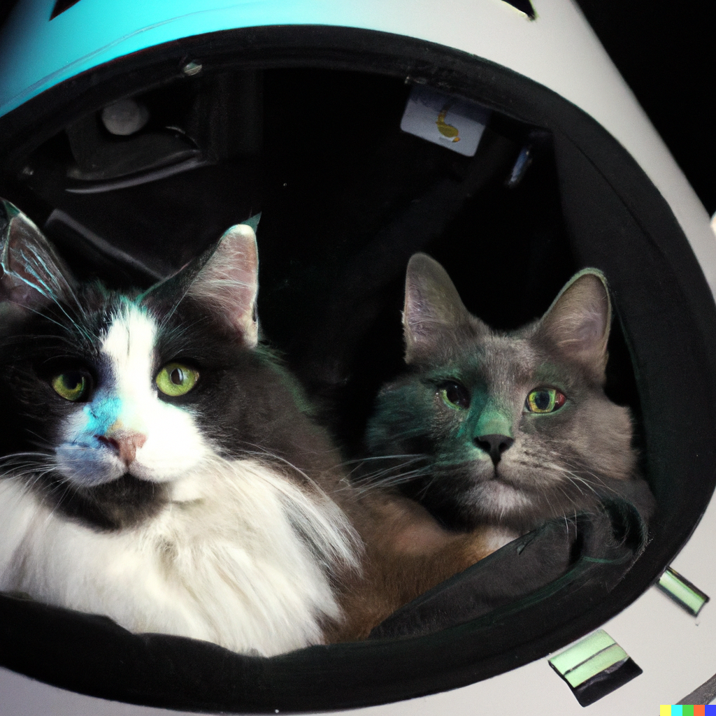 DALL·E 2022-07-28 01.35.01 - high quality photo of a Norwegian forest cat and Russian Blue cat astronaut in spaceship.png