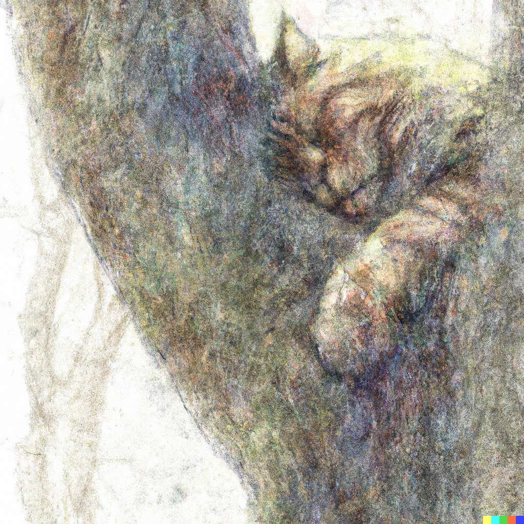 DALL·E 2022-07-28 02.29.37 - Abstract pencil and watercolor art of Norwegian forest cat sleeping on a Tree.png