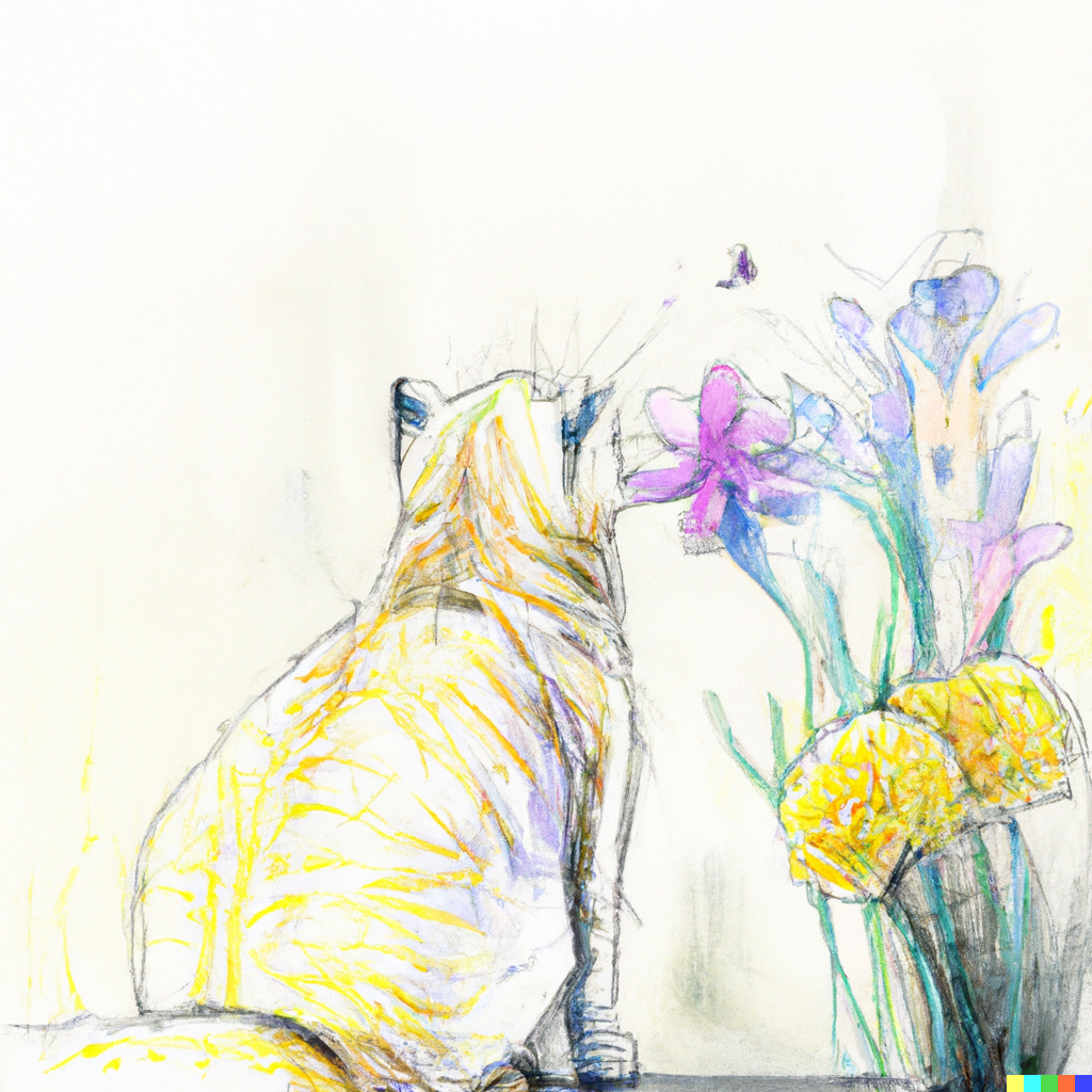 DALL·E 2022-07-28 01.04.11 - Abstract pencil and watercolor art of lonely cat smells the flowers.png
