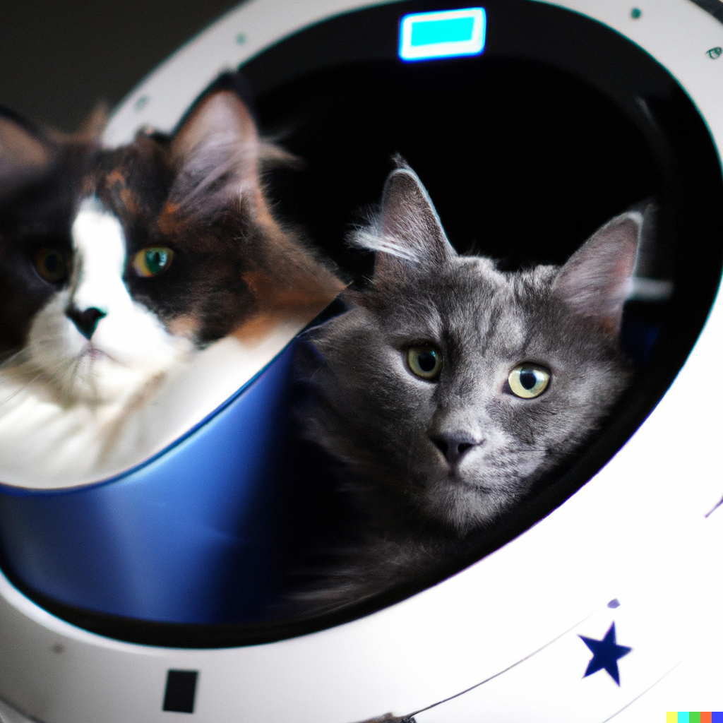 DALL·E 2022-07-28 01.34.52 - high quality photo of a Norwegian forest cat and Russian Blue cat astronaut in spaceship.png