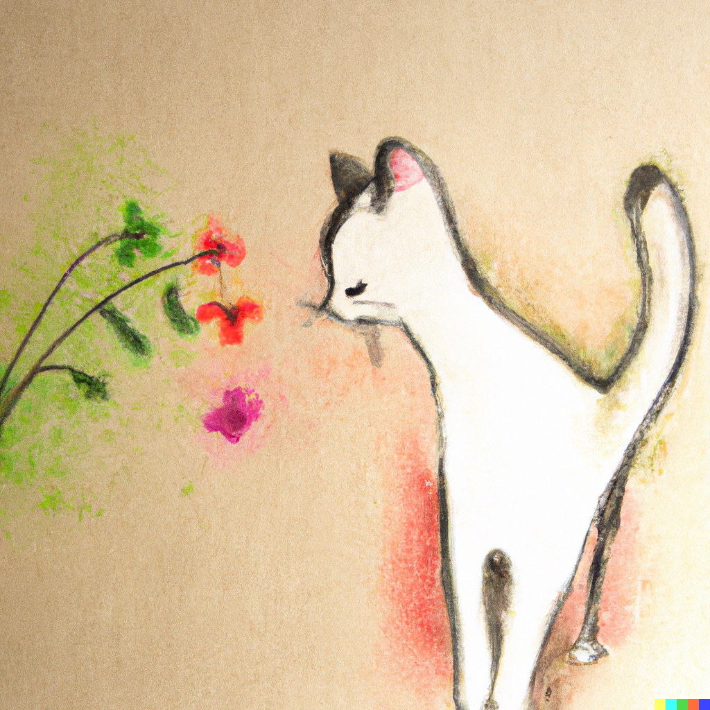 DALL·E 2022-07-28 01.04.19 - Abstract pencil and watercolor art of lonely cat smells the flowers.png