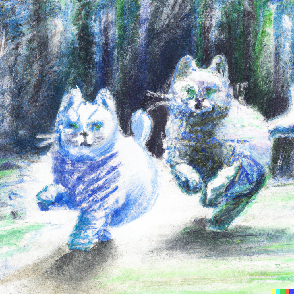 DALL·E 2022-07-28 02.00.37 - Norwegian Forest Cat and Russian Blue Cat Running in the Forest, high quality of abstract pencil and Watercolor art.png