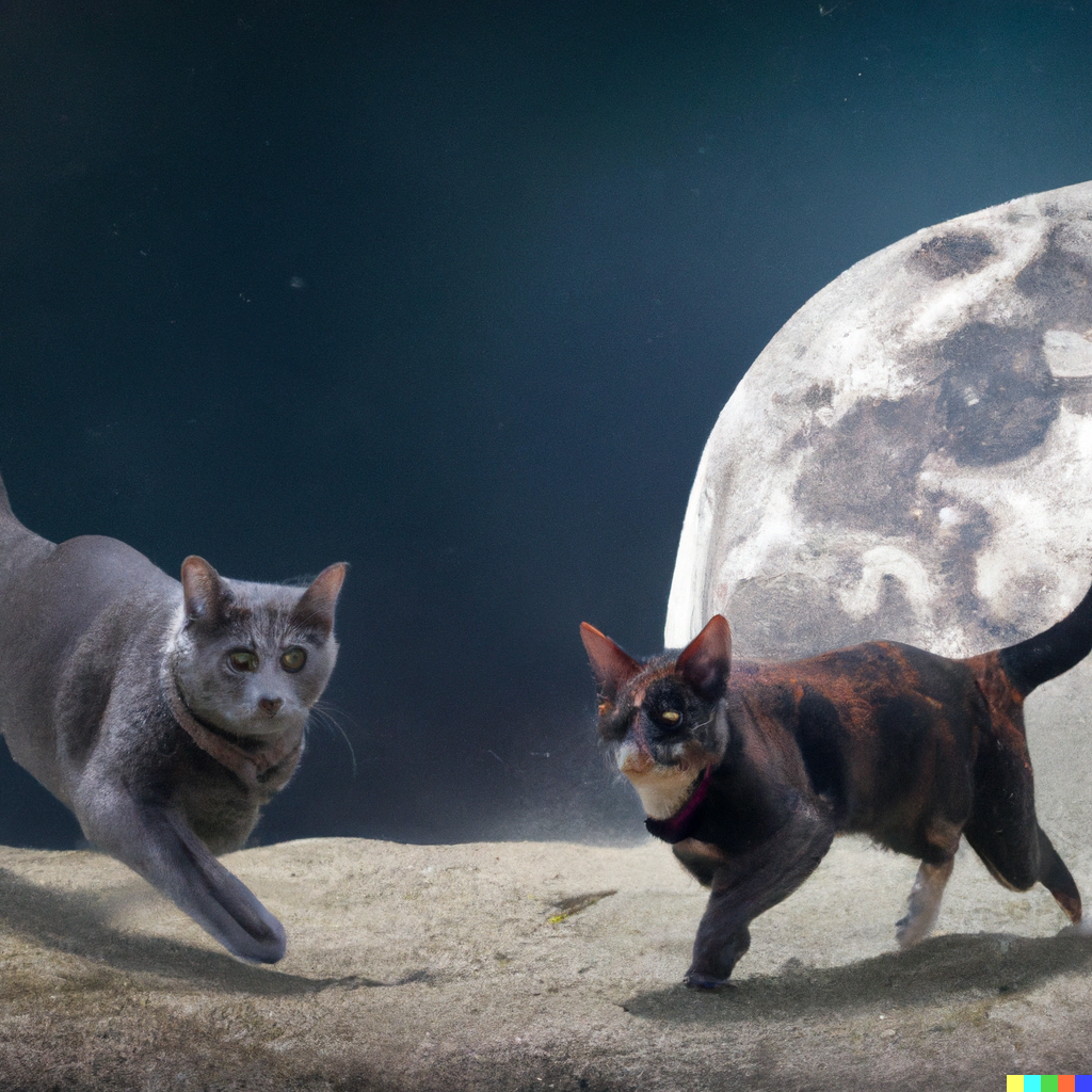 DALL·E 2022-07-28 01.46.57 - high quality photo of a Norwegian forest cat and Russian Blue cat running Together on moon.png