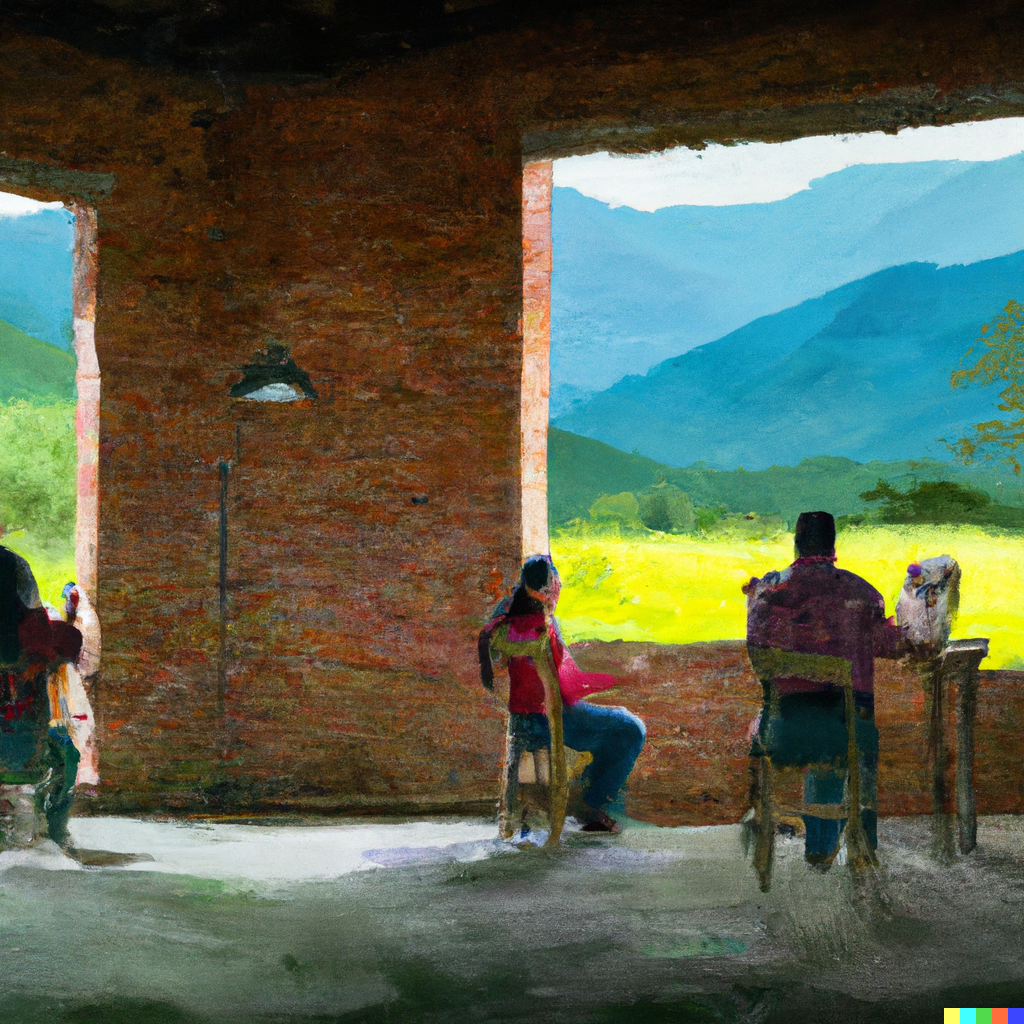 DALL·E 2022-07-28 02.08.08 - Scenes of digital nomads working in a gorgeous building in rural landscapes, oil paintings.png