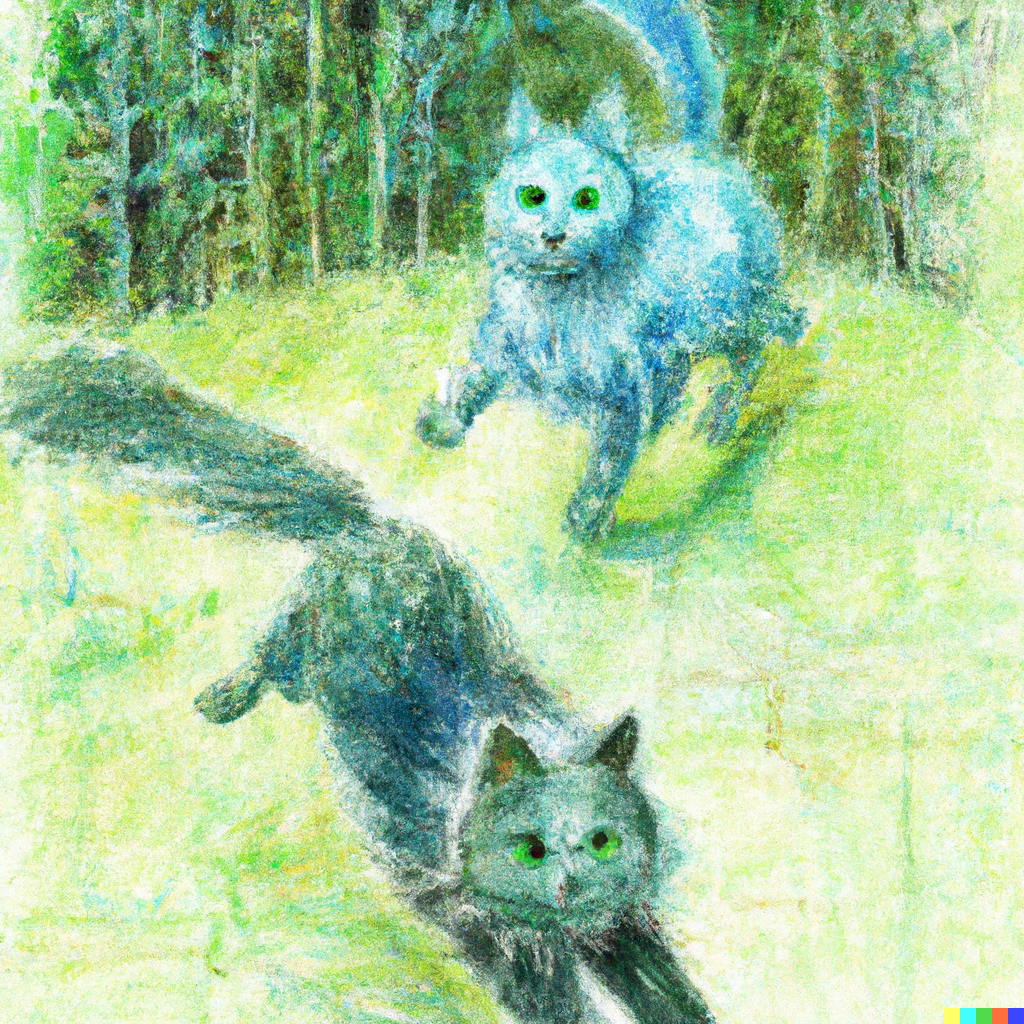 DALL·E 2022-07-28 02.01.02 - Norwegian Forest Cat and Russian Blue Cat Running in the Forest, high quality of abstract pencil and Watercolor art.png