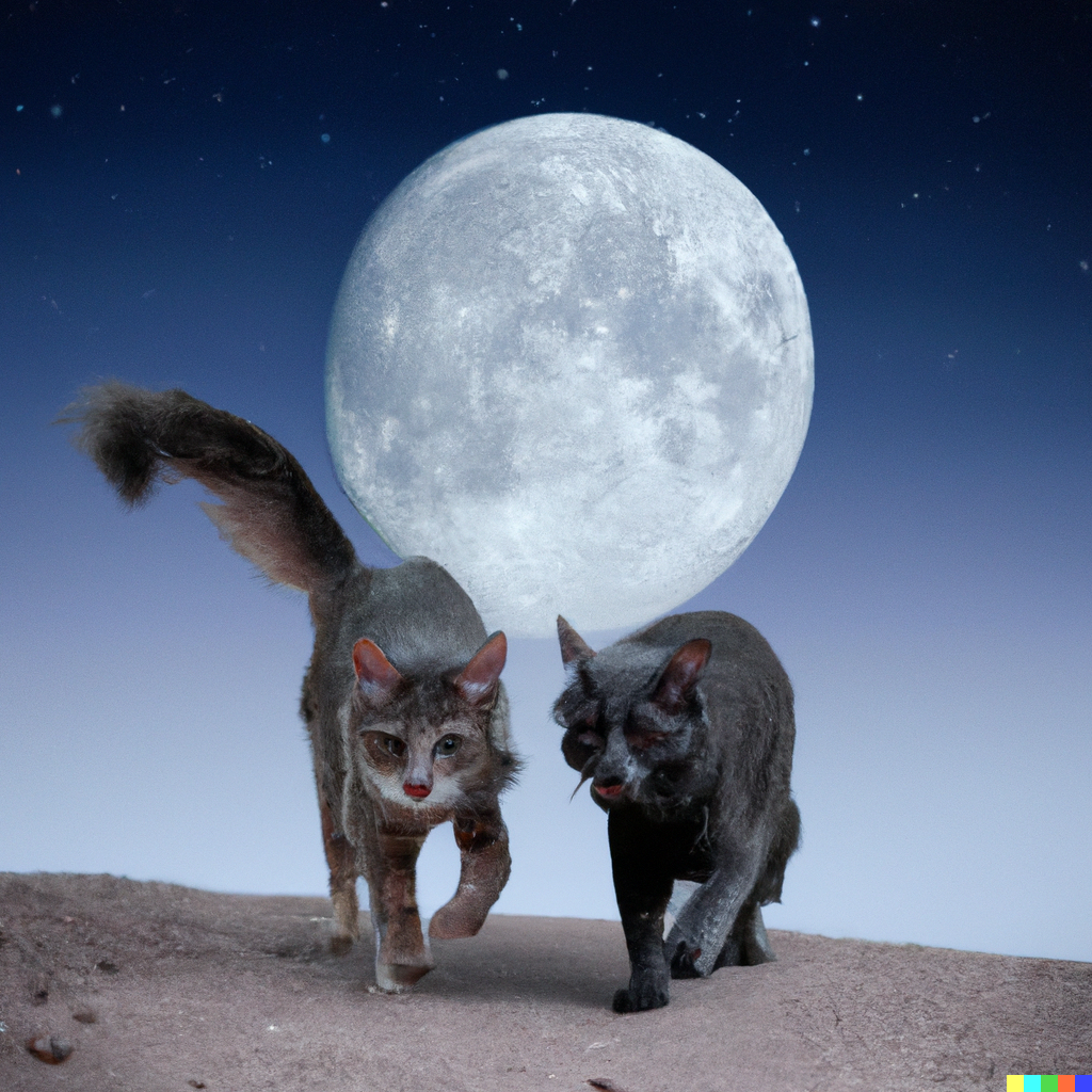 DALL·E 2022-07-28 01.46.48 - high quality photo of a Norwegian forest cat and Russian Blue cat running Together on moon.png
