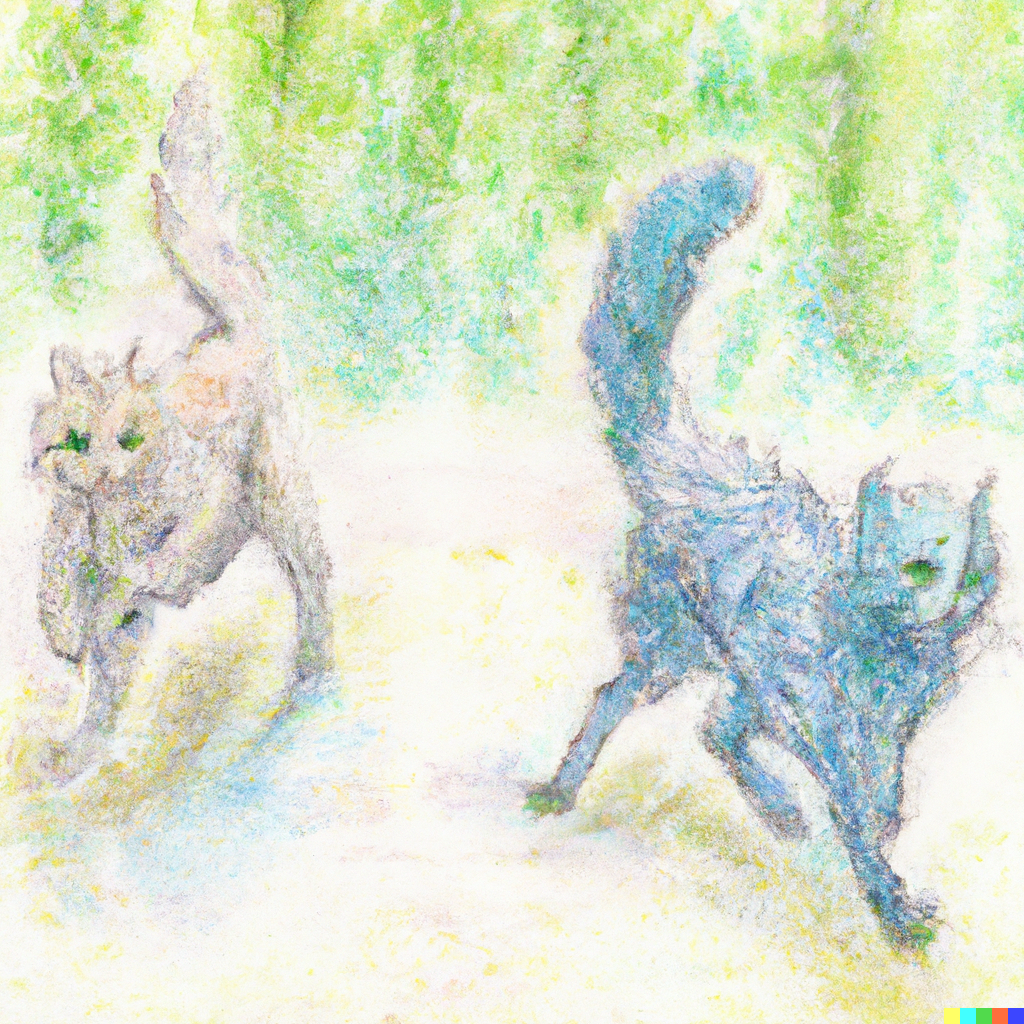 DALL·E 2022-07-28 02.01.09 - Norwegian Forest Cat and Russian Blue Cat Running in the Forest, high quality of abstract pencil and Watercolor art.png