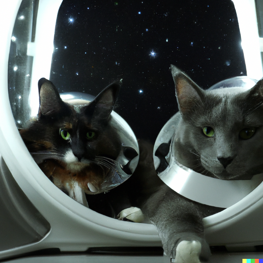 DALL·E 2022-07-28 01.34.41 - high quality photo of a Norwegian forest cat and Russian Blue cat astronaut in spaceship.png