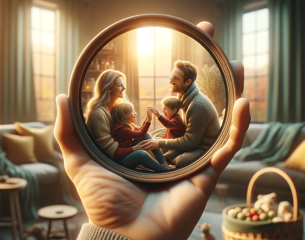 DALL·E 2023-12-14 13.55.54 - Create a hyperrealistic image of a hand holding a circular frame, through which a heartwarming scene of a family laughing and enjoying time together i.png