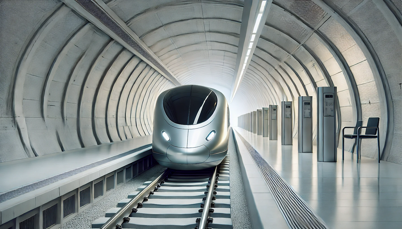 DALL·E 2024-06-20 14.09.11 - In a small, compact tunnel-like indoor platform setting, a sleek, one-car, windowless silver train resembling a hyperloop but not actually a hyperloop.png
