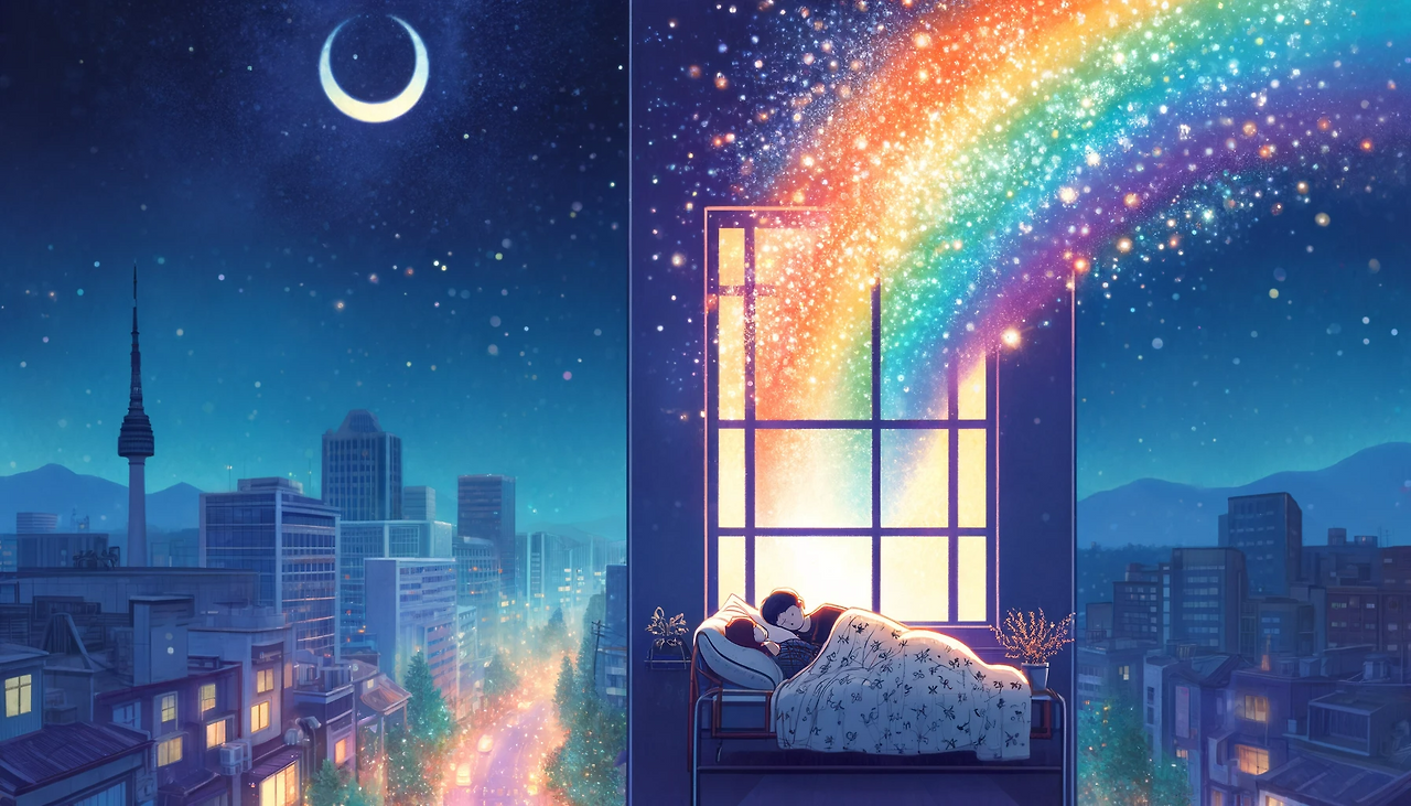 DALL·E 2024-06-08 17.27.06 - A mystical and beautiful illustration for a story in a 16_9 aspect ratio. In the early morning sky, a rainbow arcs down towards the ground, heading qu.png