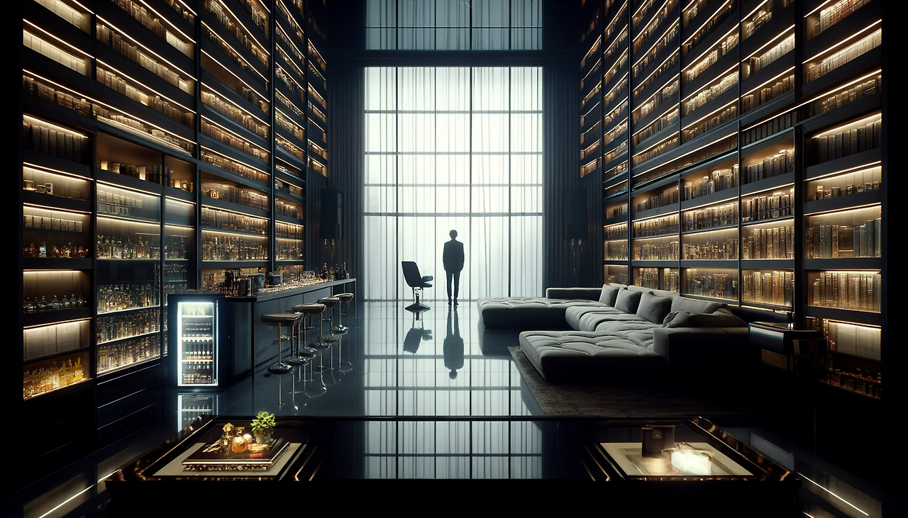 DALL·E 2024-06-11 12.54.35 - A luxurious, spacious room resembling a 5-star hotel suite. The room features a sleek, polished glass desk with a chair, and a high wall behind it fil.png