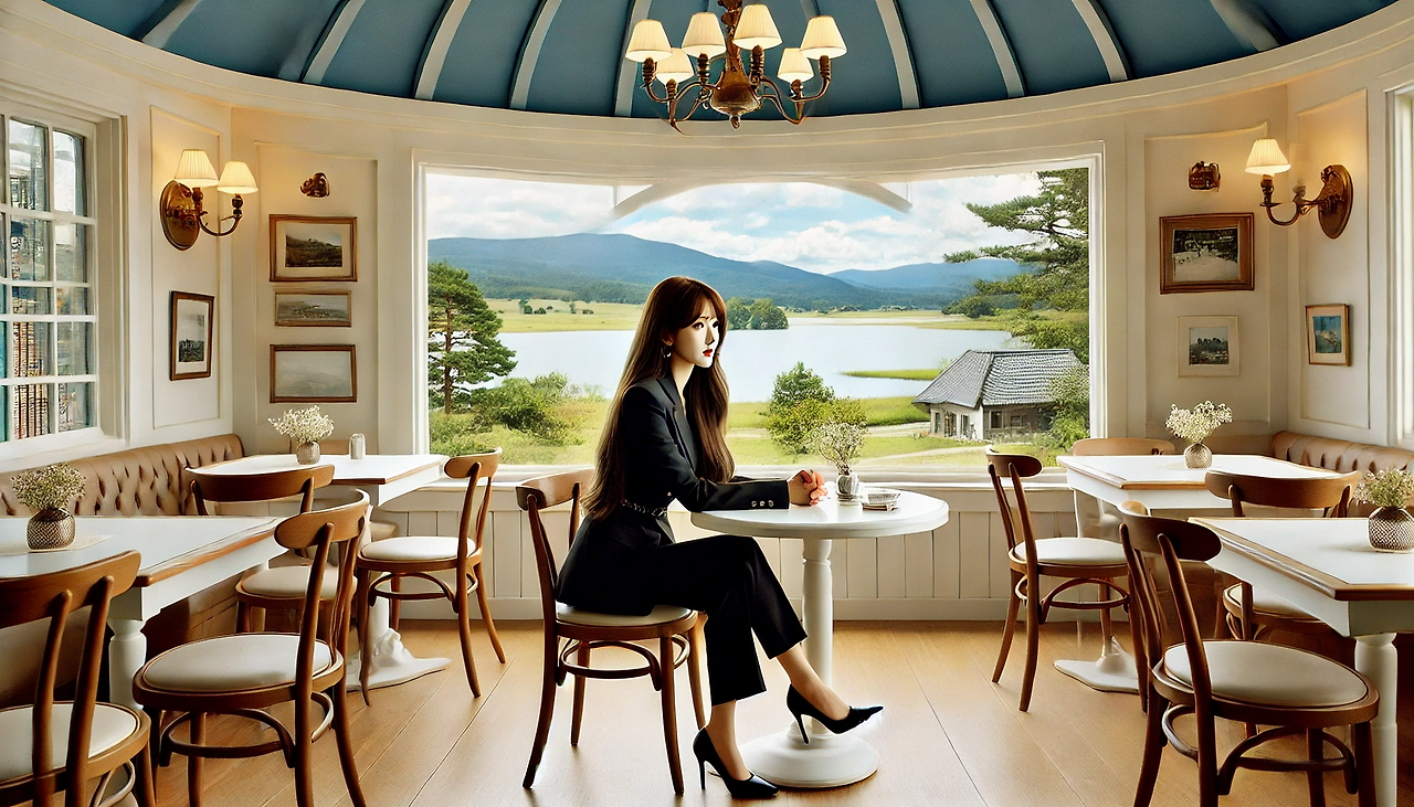 DALL·E 2024-06-21 13.22.09 - Eunhee, wearing a black suit, high heels, and long straight hair, is inside a beautiful café with white walls and a blue round roof. She is seated at .png