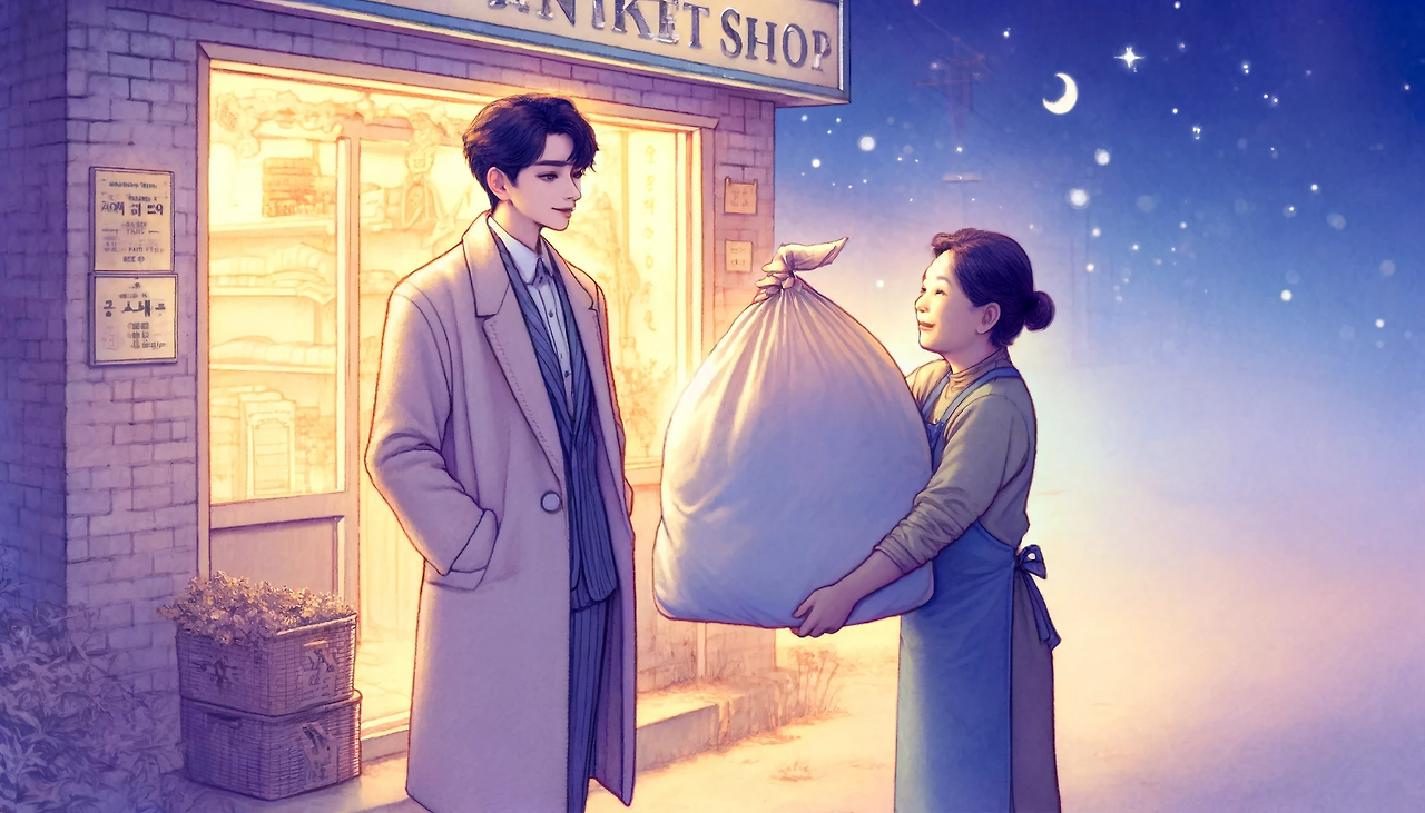 DALL·E 2024-06-08 14.33.51 - A mystical pastel-toned illustration of a scene involving a mid-twenties Korean man named Ife and a middle-aged shop lady. The scene is set in front o.png