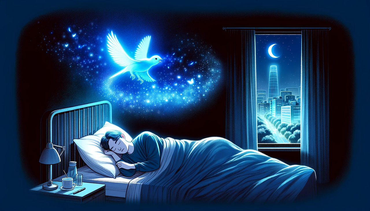 DALL·E 2024-06-08 17.21.42 - A mystical illustration for a story in a 16_9 aspect ratio. In a dark room, a character named Ife, a young man in his mid-20s, is asleep alone in his .png