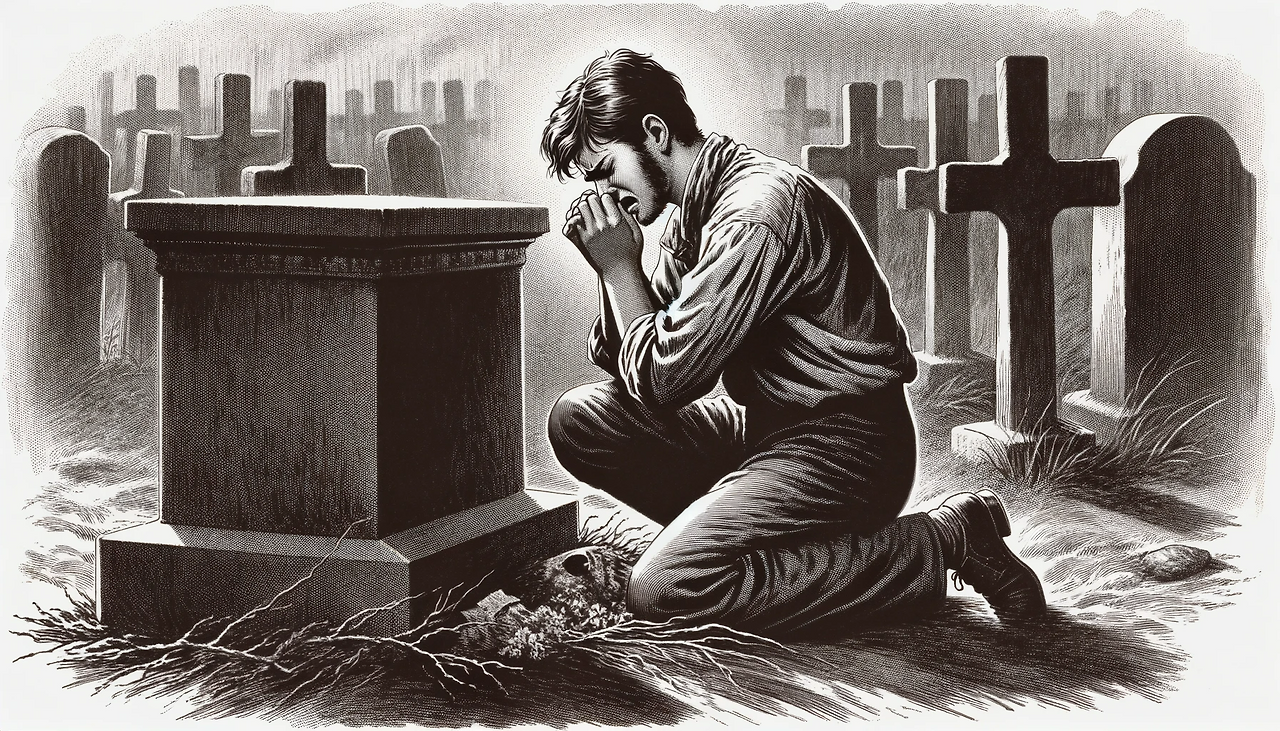 DALL·E 2024-06-06 12.39.24 - Illustration for page 71 of a book, depicting a young man in his late twenties weeping at the grave of his deceased lover. The scene is emotionally ch.png