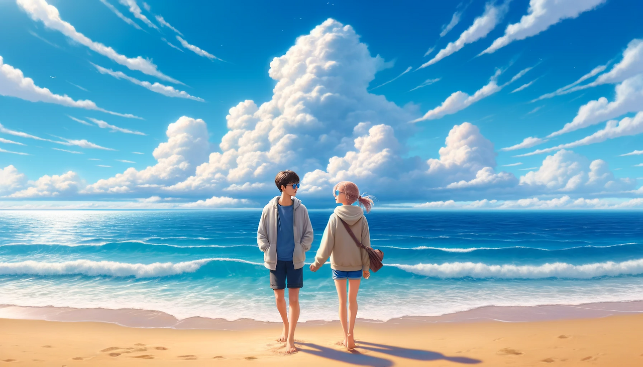 DALL·E 2024-06-08 16.54.20 - A beautiful scene of the East Sea with a bright blue sky and fluffy clouds moving slowly in a gentle breeze. Ife and Ronika are walking barefoot on th.png