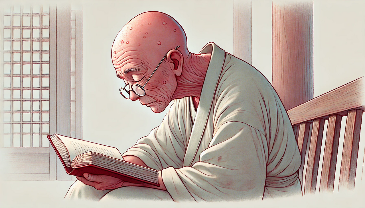 DALL·E 2024-06-24 10.08.39 - A 77-year-old bald mature student, sitting inside a temple room and dozing off while holding an open book. His head is drooping forward, showing his p.png