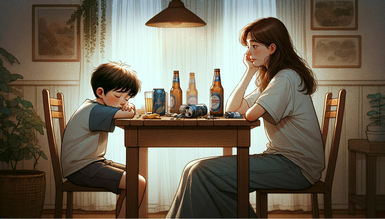 DALL·E 2024-06-08 16.10.59 - An emotional illustration in the style of 'The Little Prince,' showing a scene at a dining table. A 9-year-old boy, Jungwoo, is asleep with his head r.png