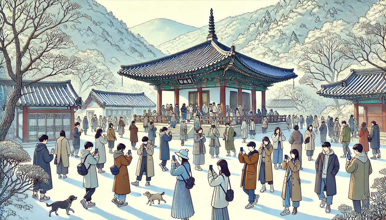 DALL·E 2024-06-24 10.48.47 - An illustration of a small temple deep in the mountains, bustling with a large number of modern, stylishly dressed Korean visitors taking photos with .png