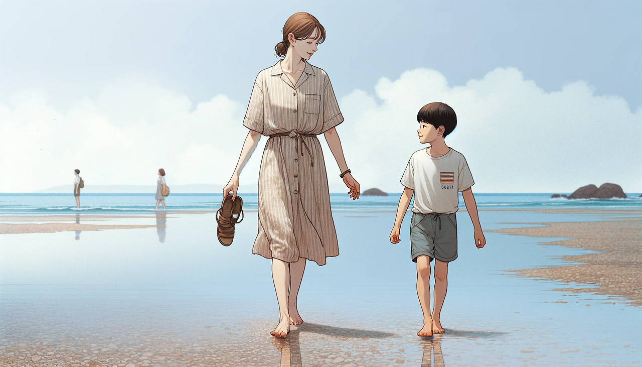 DALL·E 2024-06-08 15.27.16 - A peaceful beach scene on a weekday with very few people around. A woman in her mid-20s, Ronika, and a 9-year-old boy, Jungwoo, are walking barefoot s.png