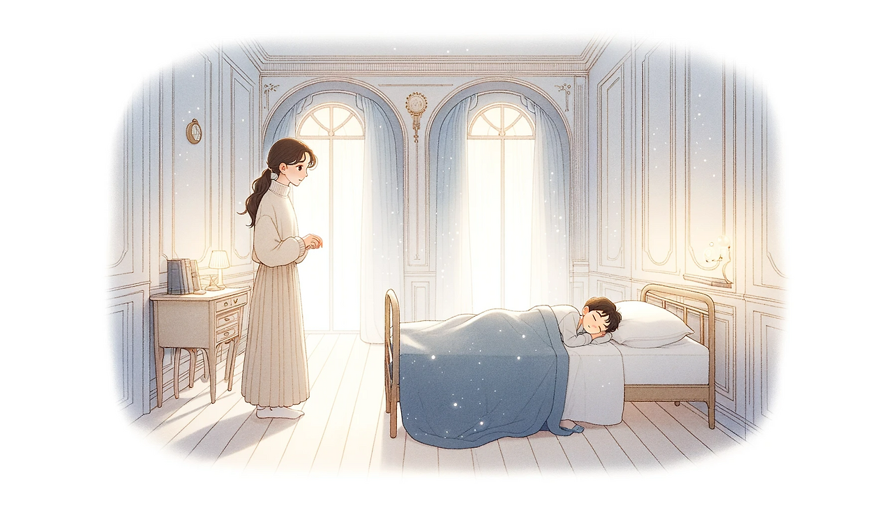 DALL·E 2024-06-08 13.50.05 - In a softly illustrated room resembling 'The Little Prince' style but more refined, we see a cozy bedroom with gentle lighting. In the room, a 20-some.png