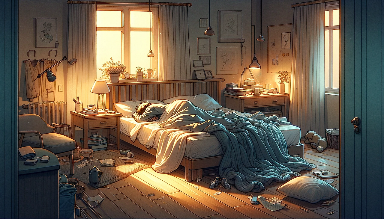 DALL·E 2024-06-07 13.42.21 - A cozy bedroom scene in a 16_9 aspect ratio. The room is softly lit with warm tones, creating a comforting atmosphere. In the center of the room, a pe.png