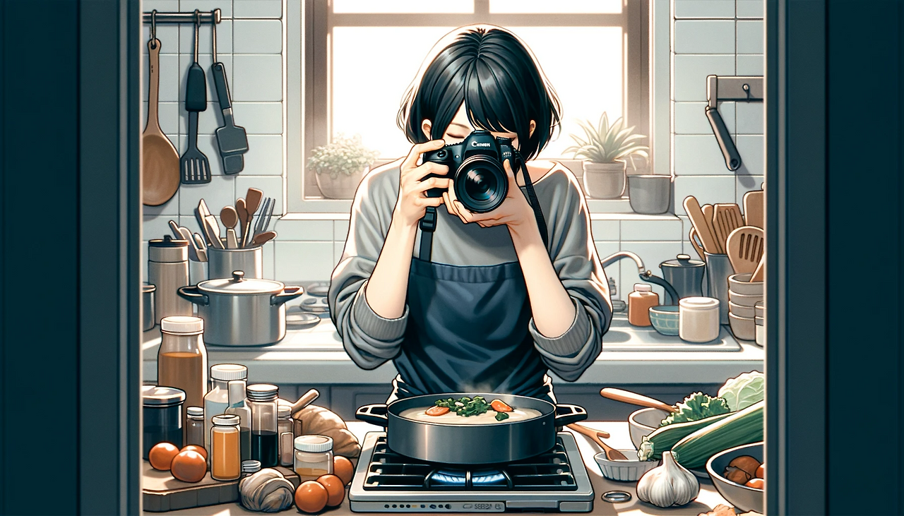 DALL·E 2024-06-09 17.35.33 - Create an illustration of a woman in a kitchen in a 16_9 aspect ratio. She has short, black hair and is wearing a grey shirt and apron. She is taking .png