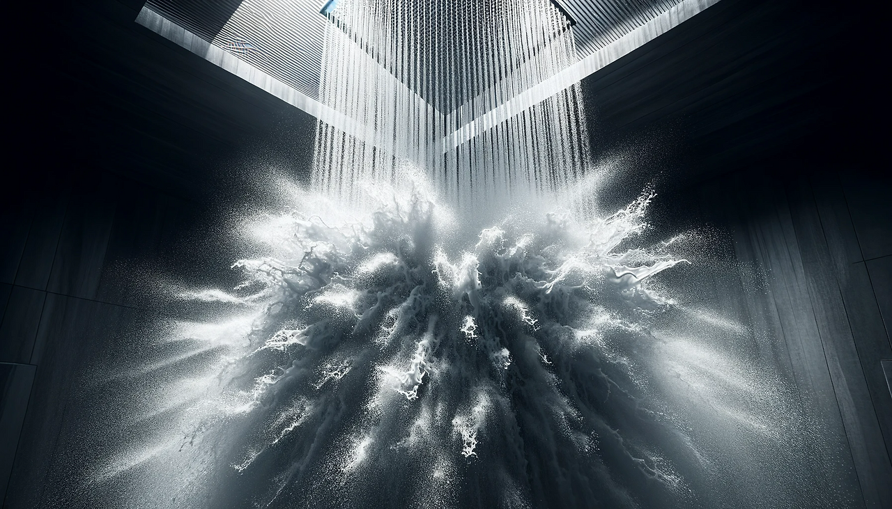 DALL·E 2024-06-11 15.25.08 - A scene showing a showerhead with water pouring down forcefully, resembling a heavy rainstorm. The water cascades down with intensity, creating the ef.png