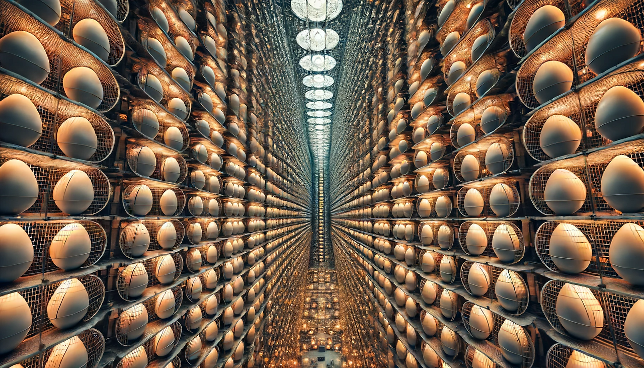 DALL·E 2024-06-18 23.02.39 - View from the 5th floor of an indoor facility, looking up at numerous towering egg-shaped cells that extend over 100 stories high. The scene is enclos.png