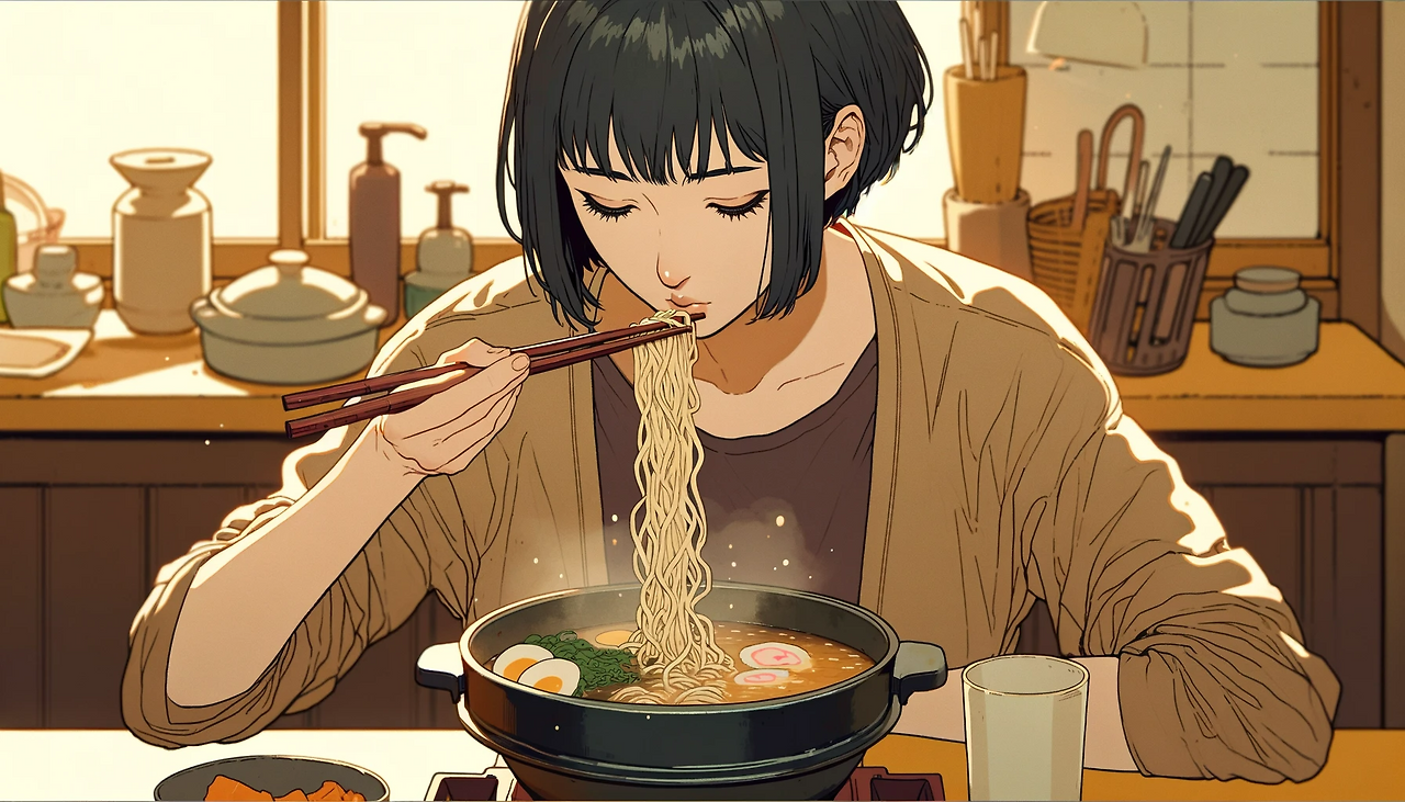 DALL·E 2024-06-07 15.39.50 - Illustration of a scene where the female protagonist, Ronika, is eating Korean ramen from a pot placed on a table. Focus on Ronika's face and hands ho.png