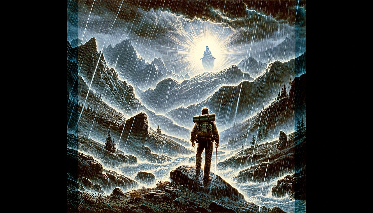 DALL·E 2024-06-06 12.33.27 - Illustration for page 70 of a book, depicting a single, cohesive scene of a torrential rainstorm in the mountains. Instead of showing a deity, represe.png