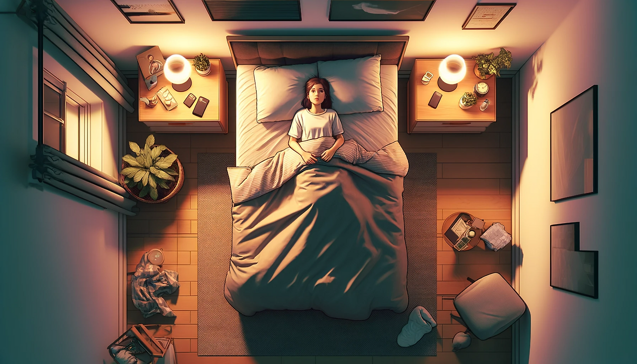 DALL·E 2024-06-07 16.15.58 - A top-down view of a young woman named Ronica lying in bed, covered with a blanket, looking up at the ceiling. Her bedroom is a modern, cozy studio ap.png