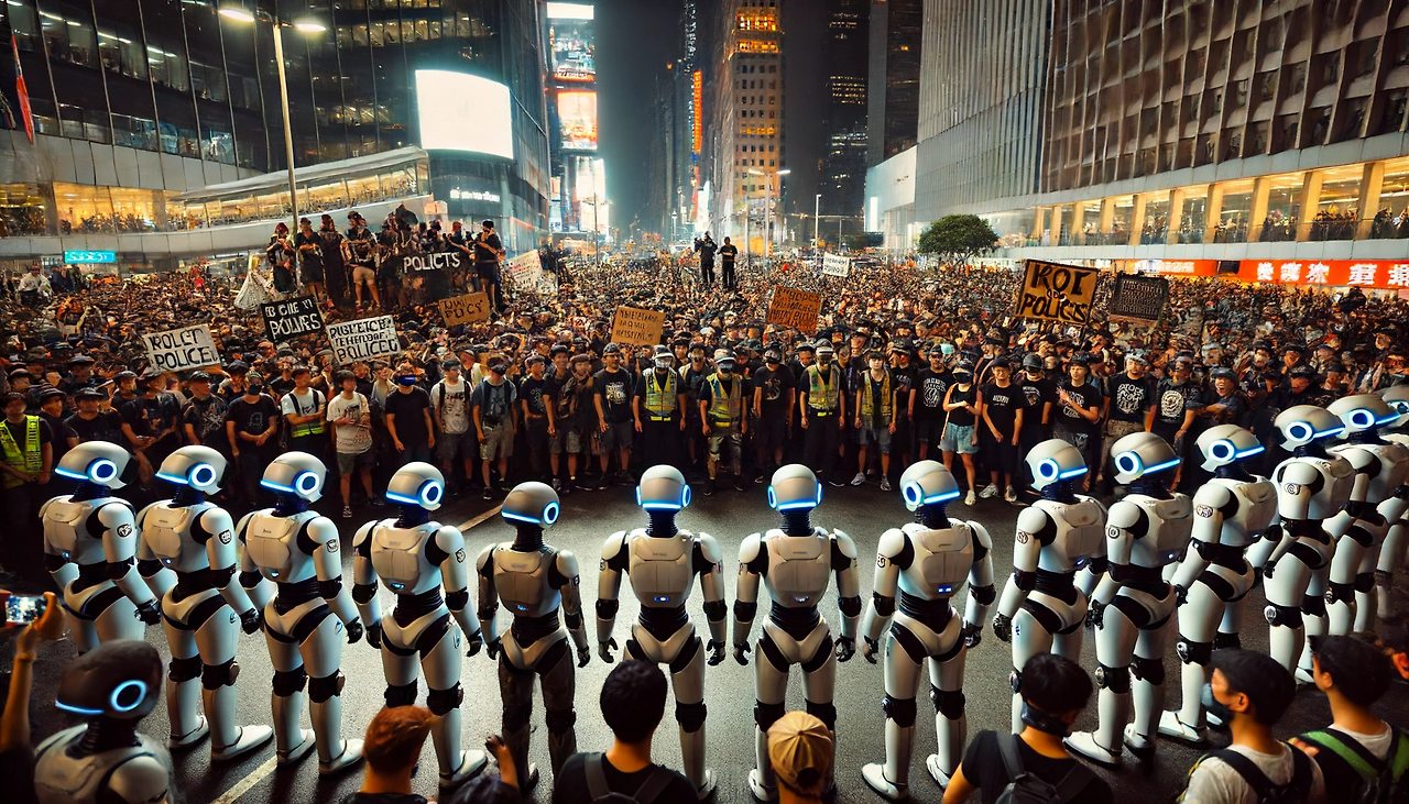 DALL·E 2024-06-18 12.00.03 - In a city square at night, a large crowd of protesters is gathered, holding various signs and banners. They are facing off against robot police office.png