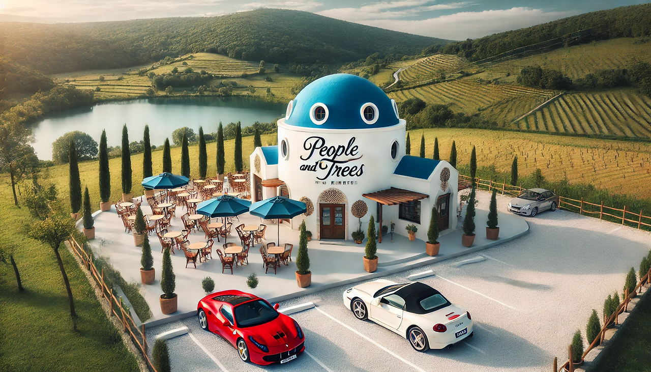 DALL·E 2024-06-21 13.15.41 - A serene, picturesque countryside with a large beautiful café named 'People and Trees'. The café has white walls and a blue round roof, styled like Sa.png